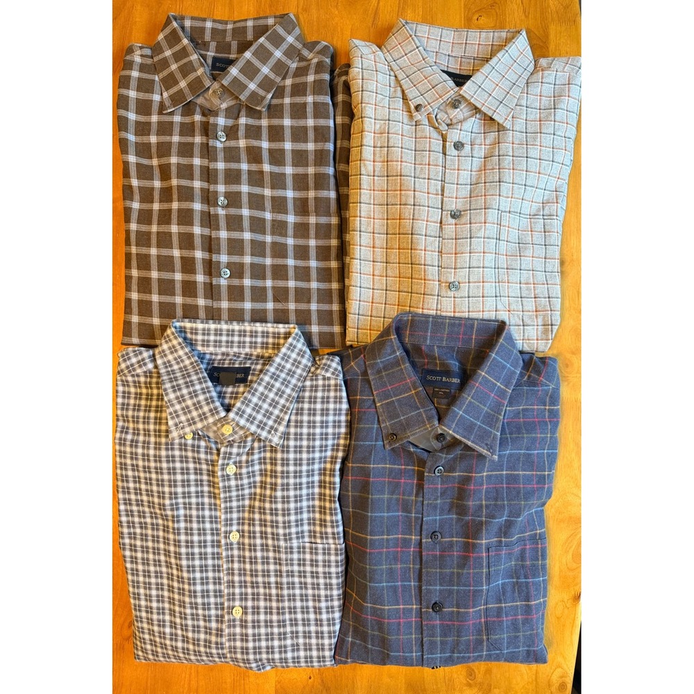 Lot 4 Scott Barber Mens XL Plaid Cotton Button Down Shirts Blue Brown Grey Check
